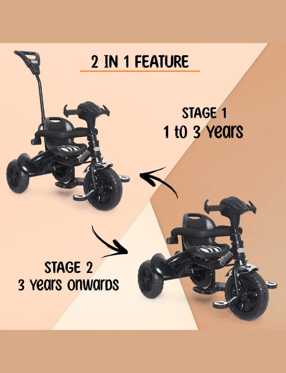 Fun Ride Kid's Tricycle Panther 2 in1 for 1 to 5 Years - Plug and Play Baby Trike with Music and Lights with Removable Parental Control Handle - Image 5