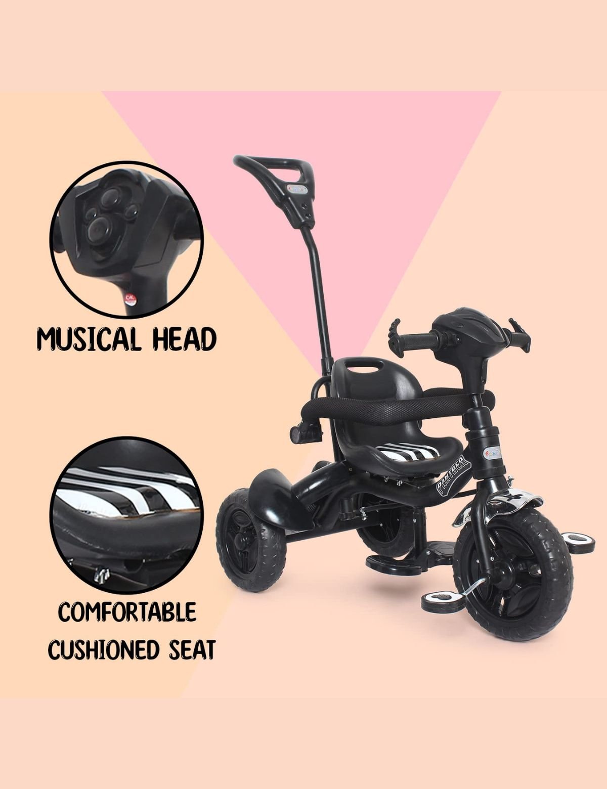 Fun Ride Kid's Tricycle Panther 2 in1 for 1 to 5 Years - Plug and Play Baby Trike with Music and Lights with Removable Parental Control Handle - Image 8