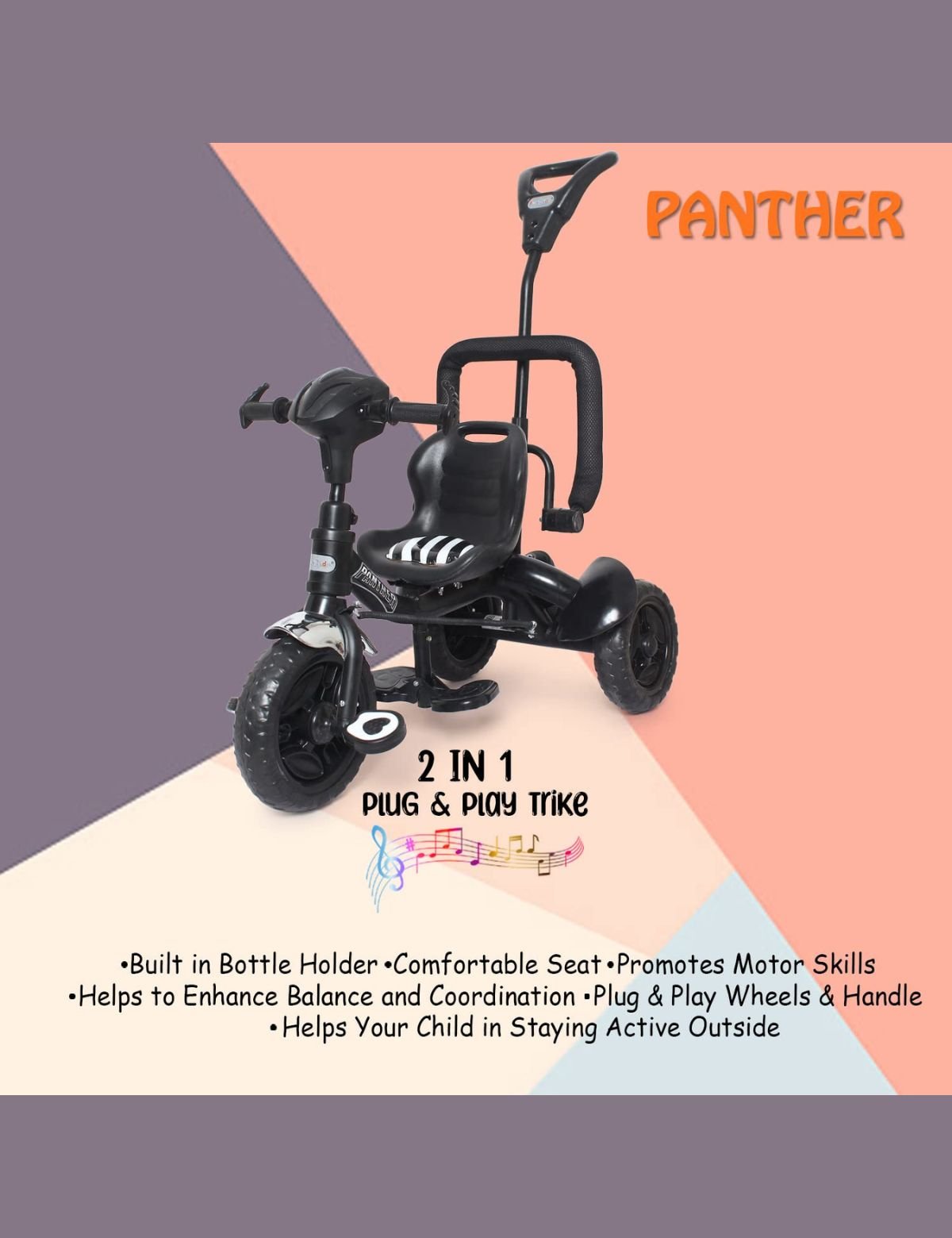 Fun Ride Kid's Tricycle Panther 2 in1 for 1 to 5 Years - Plug and Play Baby Trike with Music and Lights with Removable Parental Control Handle - Image 9